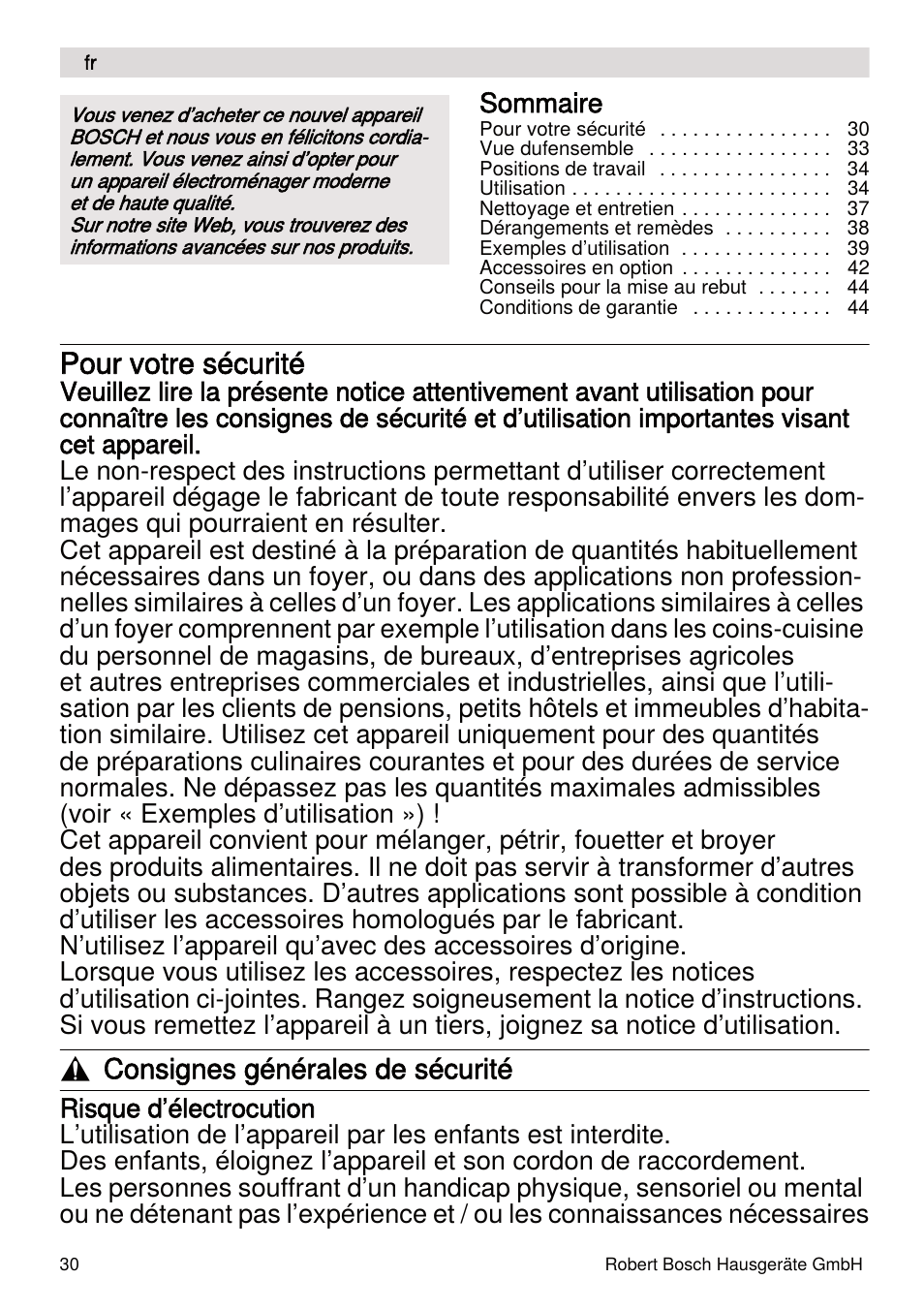 Pour votre sécurité, Consignes générales de sécurité | Bosch MUMXL10T Kitchen machine MaxxiMUM User Manual | Page 30 / 132