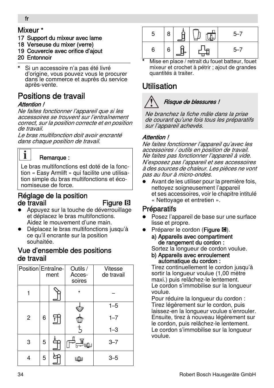 Positions de travail, Utilisation, Mixeur | Réglage de la position de travail figure, Vue d’ensemble des positions de travail, Préparatifs | Bosch MUMXL10T Kitchen machine MaxxiMUM User Manual | Page 34 / 132