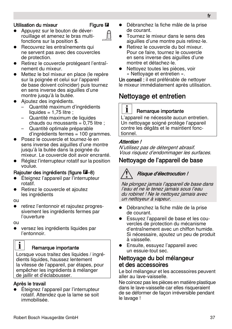 Nettoyage et entretien, Nettoyage de l’appareil de base, Nettoyage du bol mélangeur et des accessoires | Bosch MUMXL10T Kitchen machine MaxxiMUM User Manual | Page 37 / 132