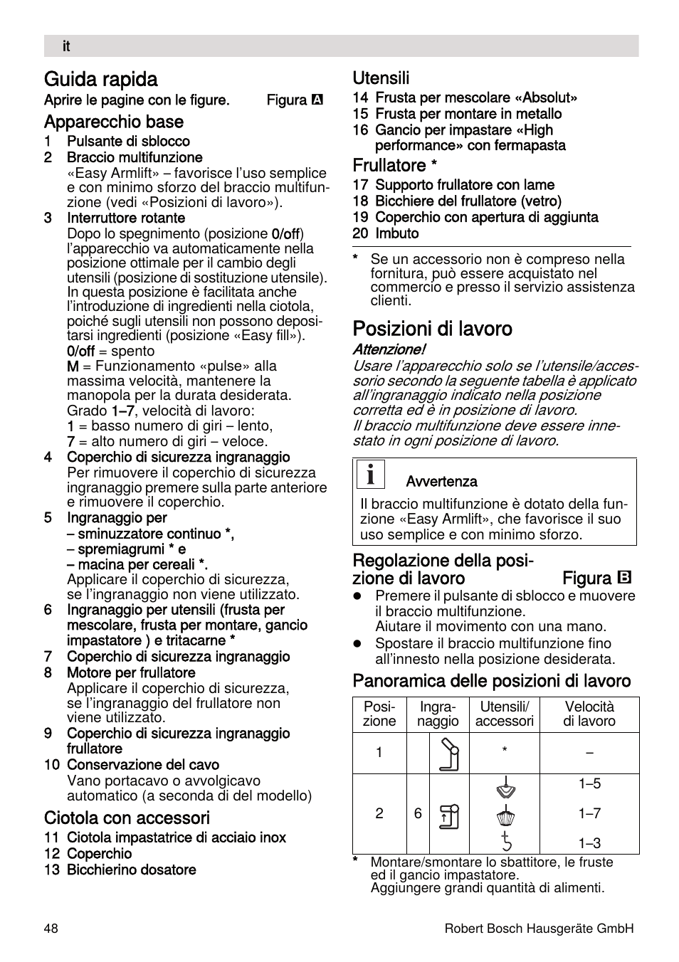 Guida rapida, Posizioni di lavoro, Apparecchio base | Ciotola con accessori, Utensili, Frullatore, Regolazione della posi- zione di lavoro figura, Panoramica delle posizioni di lavoro | Bosch MUMXL10T Kitchen machine MaxxiMUM User Manual | Page 48 / 132