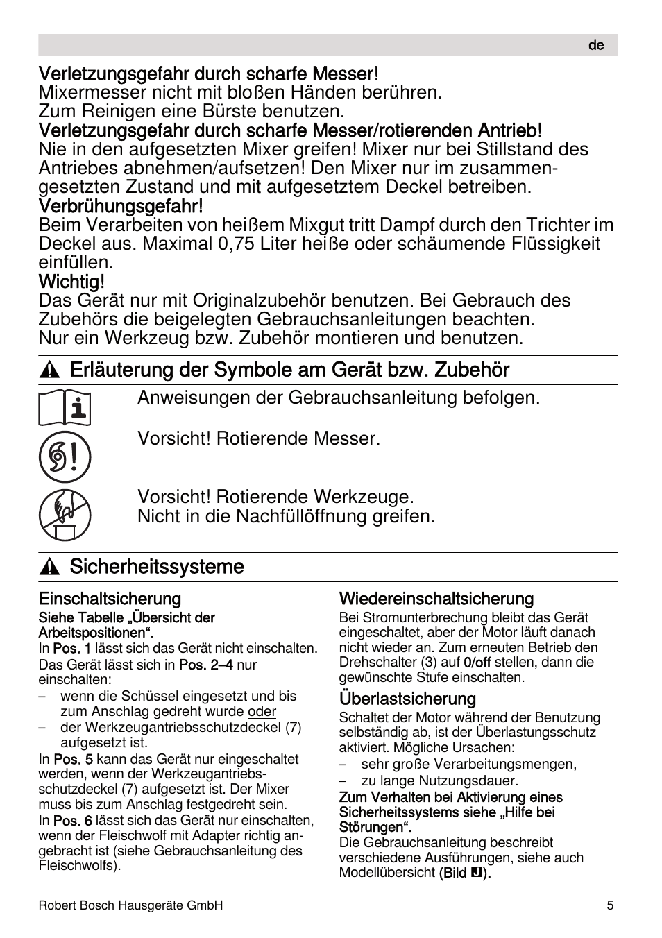 Erläuterung der symbole am gerät bzw. zubehör, Sicherheitssysteme | Bosch MUMXL10T Kitchen machine MaxxiMUM User Manual | Page 5 / 132