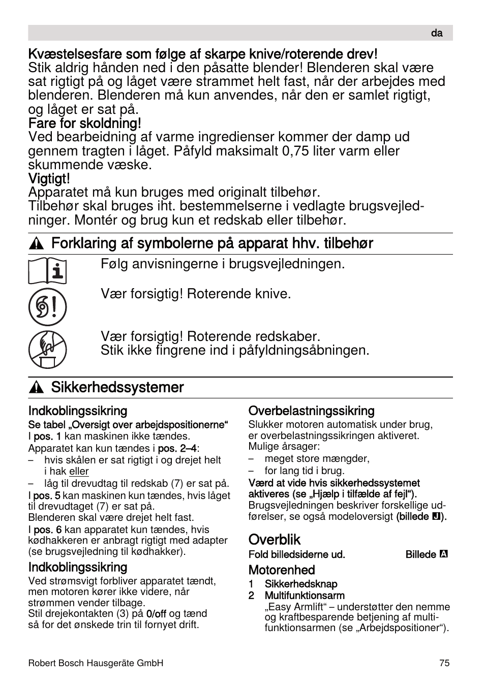 Forklaring af symbolerne på apparat hhv. tilbehør, Sikkerhedssystemer, Overblik | Bosch MUMXL10T Kitchen machine MaxxiMUM User Manual | Page 75 / 132