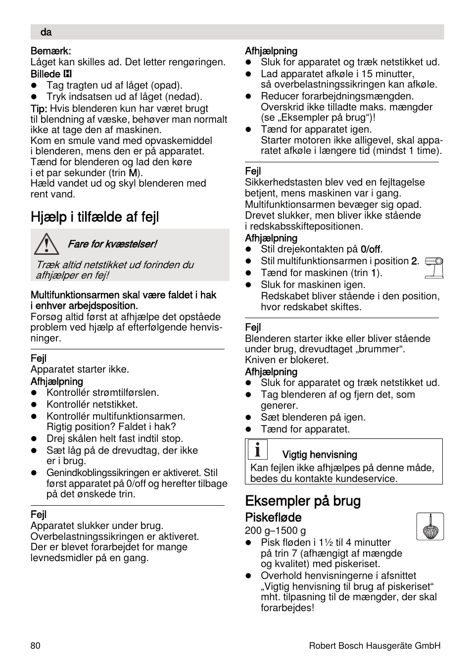 Hjælp i tilfælde af fejl, Eksempler på brug, Piskefløde | Bosch MUMXL10T Kitchen machine MaxxiMUM User Manual | Page 80 / 132