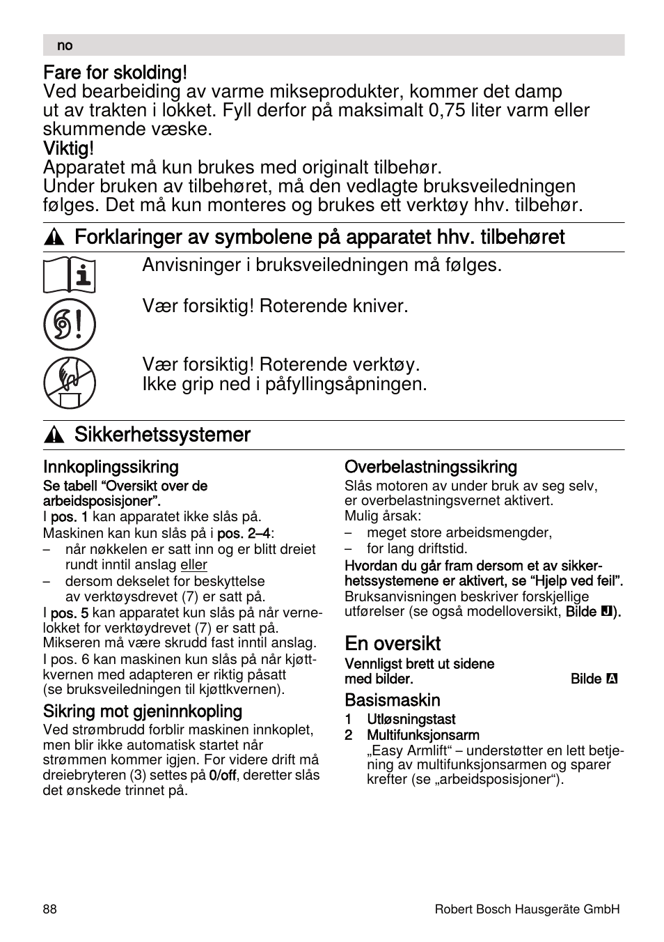 Sikkerhetssystemer, En oversikt | Bosch MUMXL10T Kitchen machine MaxxiMUM User Manual | Page 88 / 132