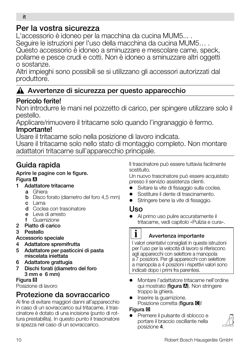 Per la vostra sicurezza, Guida rapida, Protezione da sovraccarico | Bosch MUZ5FW1 Hachoir à viande Pour Kitchen machine MUM5 User Manual | Page 10 / 53