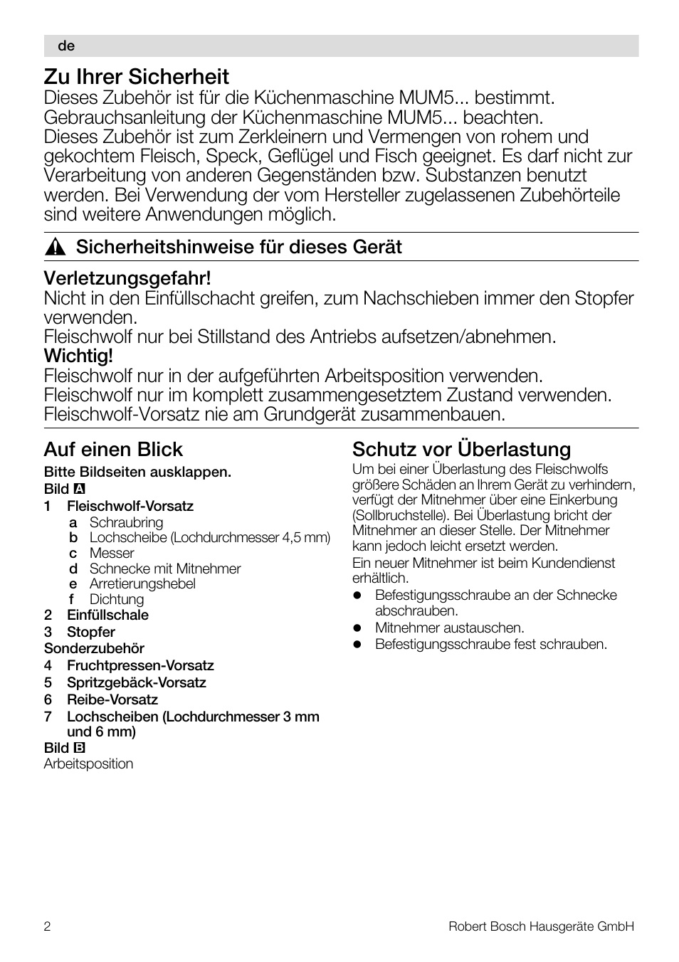 Zu ihrer sicherheit, Auf einen blick, Schutz vor überlastung | Bosch MUZ5FW1 Hachoir à viande Pour Kitchen machine MUM5 User Manual | Page 2 / 53