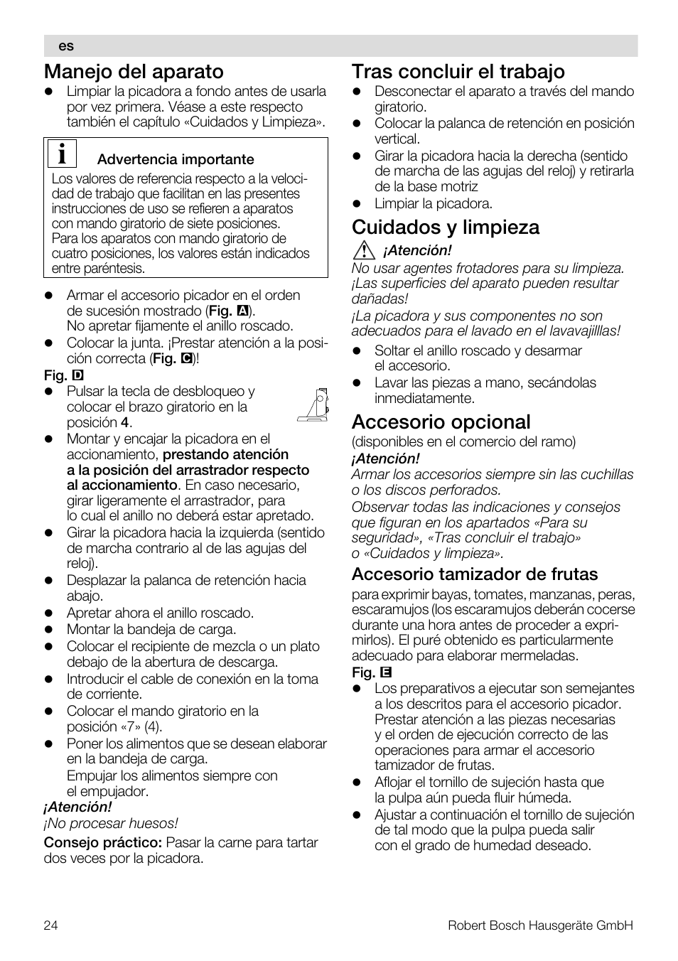 Manejo del aparato, Tras concluir el trabajo, Cuidados y limpieza | Accesorio opcional, Accesorio tamizador de frutas | Bosch MUZ5FW1 Hachoir à viande Pour Kitchen machine MUM5 User Manual | Page 24 / 53