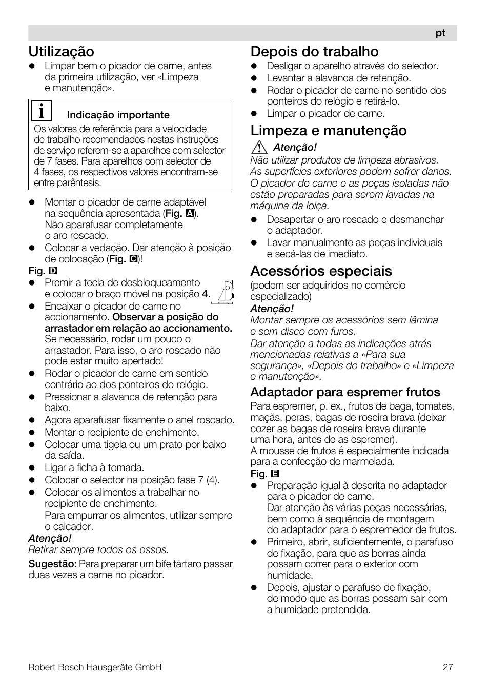 Utilização, Depois do trabalho, Limpeza e manutenção | Acessórios especiais, Adaptador para espremer frutos | Bosch MUZ5FW1 Hachoir à viande Pour Kitchen machine MUM5 User Manual | Page 27 / 53