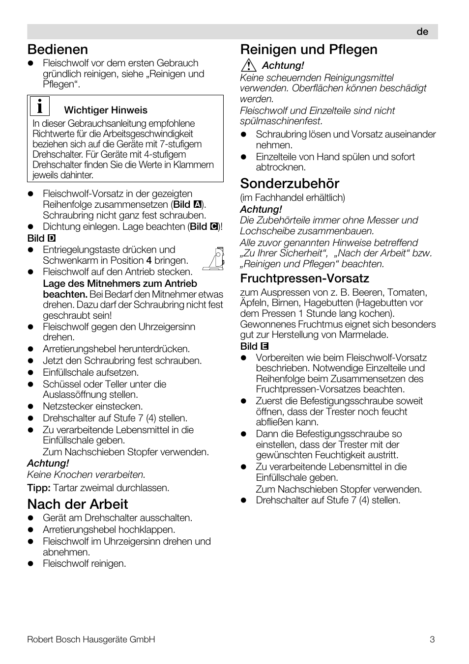 Bedienen, Nach der arbeit, Reinigen und pflegen | Sonderzubehör, Fruchtpressen-vorsatz | Bosch MUZ5FW1 Hachoir à viande Pour Kitchen machine MUM5 User Manual | Page 3 / 53