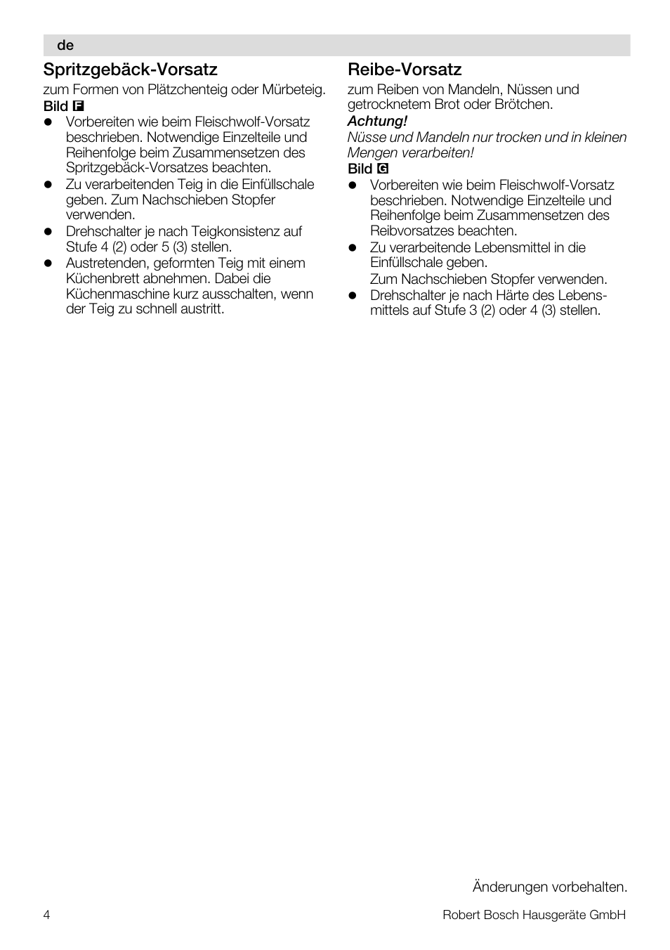 Spritzgebäck-vorsatz, Reibe-vorsatz | Bosch MUZ5FW1 Hachoir à viande Pour Kitchen machine MUM5 User Manual | Page 4 / 53