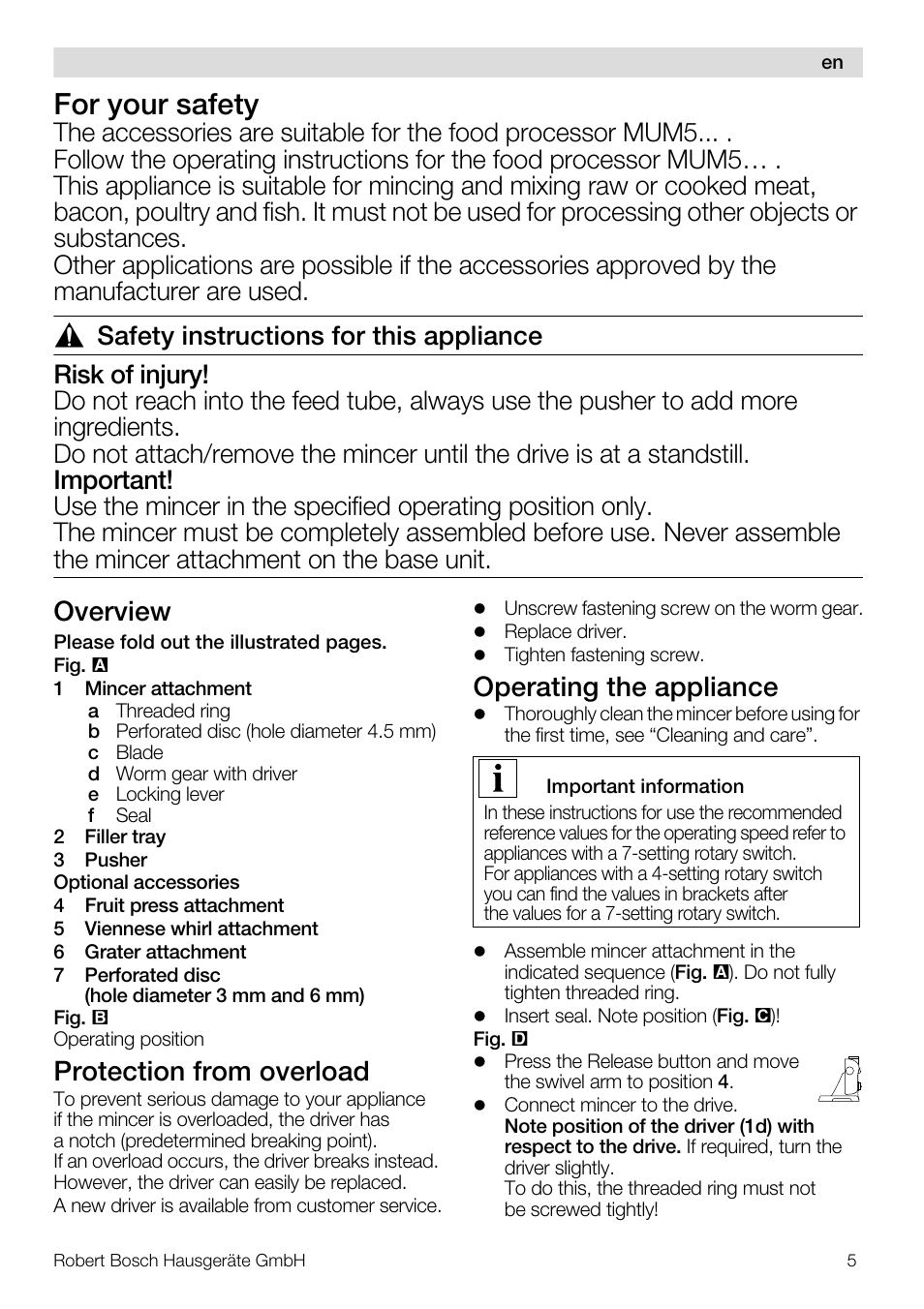 For your safety, Overview, Protection from overload | Operating the appliance | Bosch MUZ5FW1 Hachoir à viande Pour Kitchen machine MUM5 User Manual | Page 5 / 53