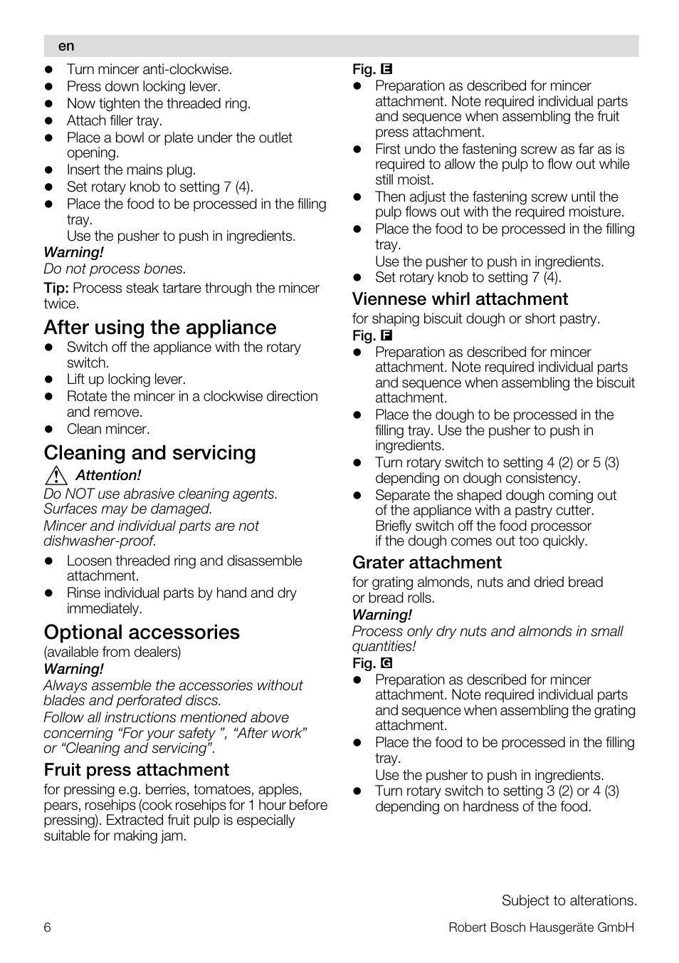 After using the appliance, Cleaning and servicing, Optional accessories | Fruit press attachment, Viennese whirl attachment, Grater attachment | Bosch MUZ5FW1 Hachoir à viande Pour Kitchen machine MUM5 User Manual | Page 6 / 53