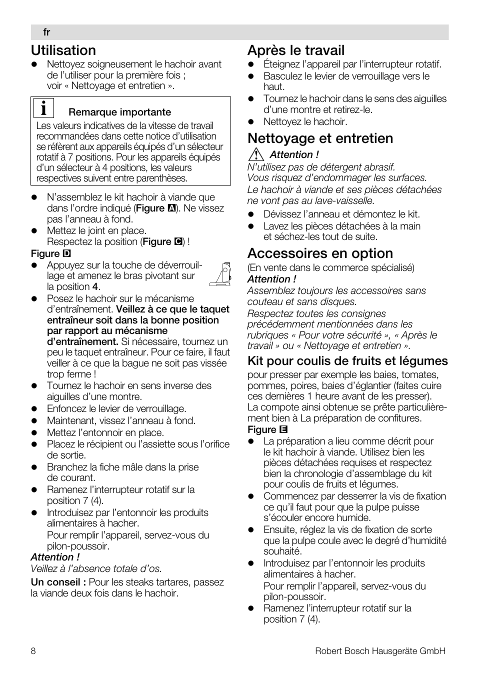 Utilisation, Après le travail, Nettoyage et entretien | Accessoires en option, Kit pour coulis de fruits et légumes | Bosch MUZ5FW1 Hachoir à viande Pour Kitchen machine MUM5 User Manual | Page 8 / 53