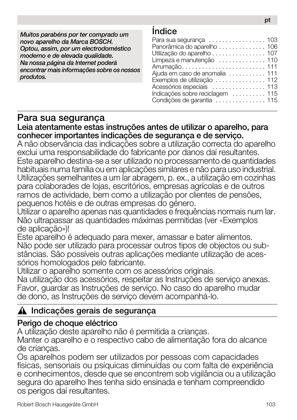 Para sua segurança, Índice | Bosch MUM56Z40 KITCHEN MACHINE 900W SILVERSILVER Styline Couleur argent argent User Manual | Page 103 / 168