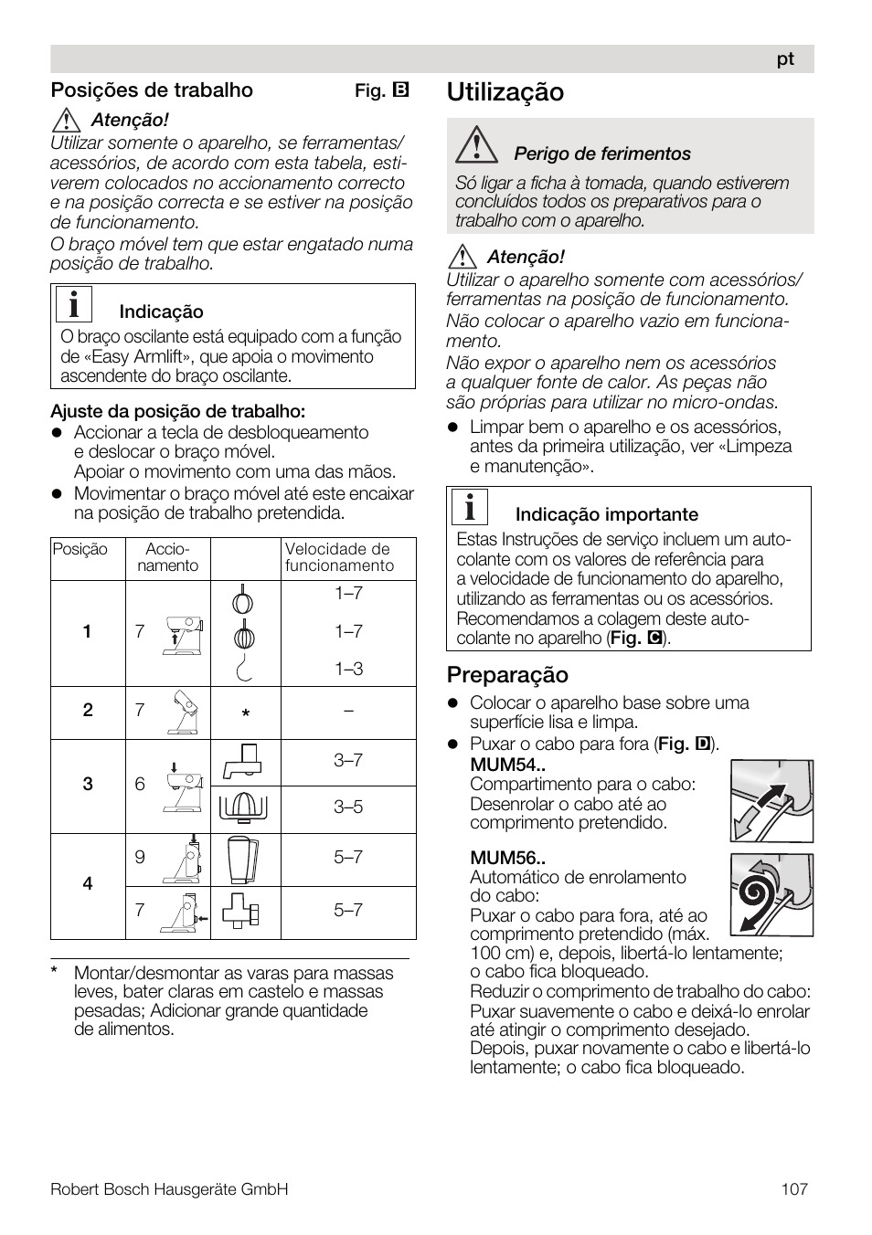 Utilização, Preparação | Bosch MUM56Z40 KITCHEN MACHINE 900W SILVERSILVER Styline Couleur argent argent User Manual | Page 107 / 168