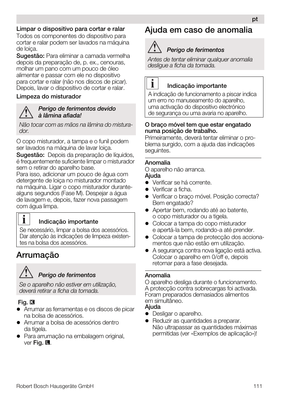 Arrumação, Ajuda em caso de anomalia | Bosch MUM56Z40 KITCHEN MACHINE 900W SILVERSILVER Styline Couleur argent argent User Manual | Page 111 / 168