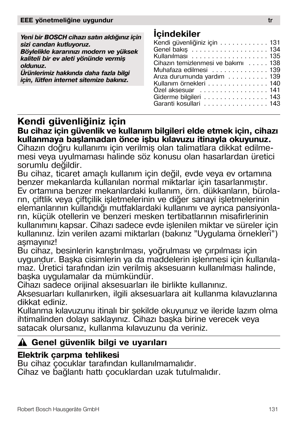 Kendi güvenliðiniz için, Ýçindekiler | Bosch MUM56Z40 KITCHEN MACHINE 900W SILVERSILVER Styline Couleur argent argent User Manual | Page 131 / 168