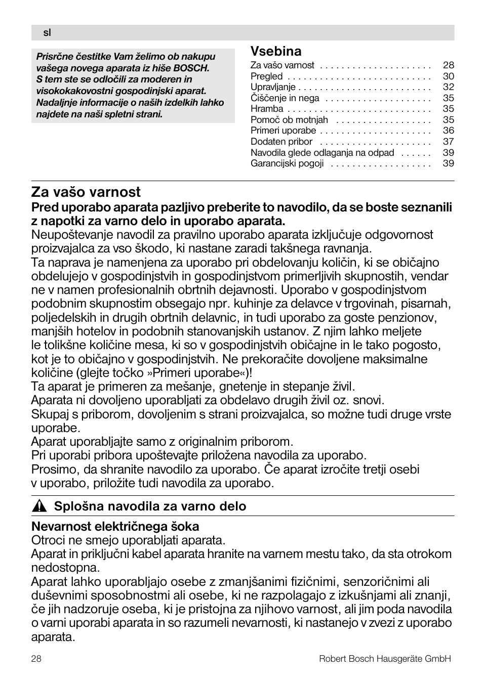 Za vašo varnost, Vsebina | Bosch MUM56Z40 KITCHEN MACHINE 900W SILVERSILVER Styline Couleur argent argent User Manual | Page 28 / 168