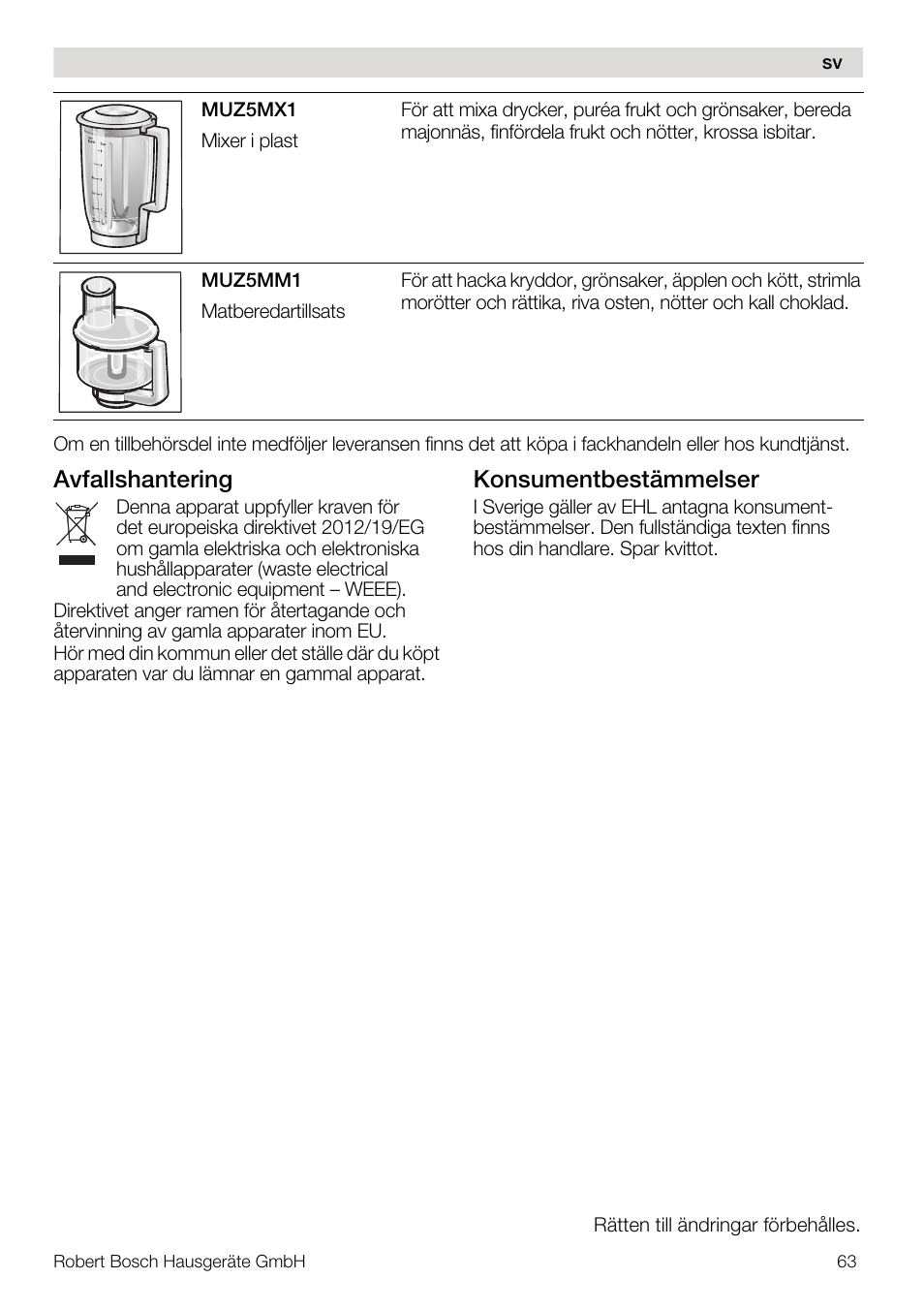 Avfallshantering, Konsumentbestämmelser | Bosch MUM56Z40 KITCHEN MACHINE 900W SILVERSILVER Styline Couleur argent argent User Manual | Page 63 / 168