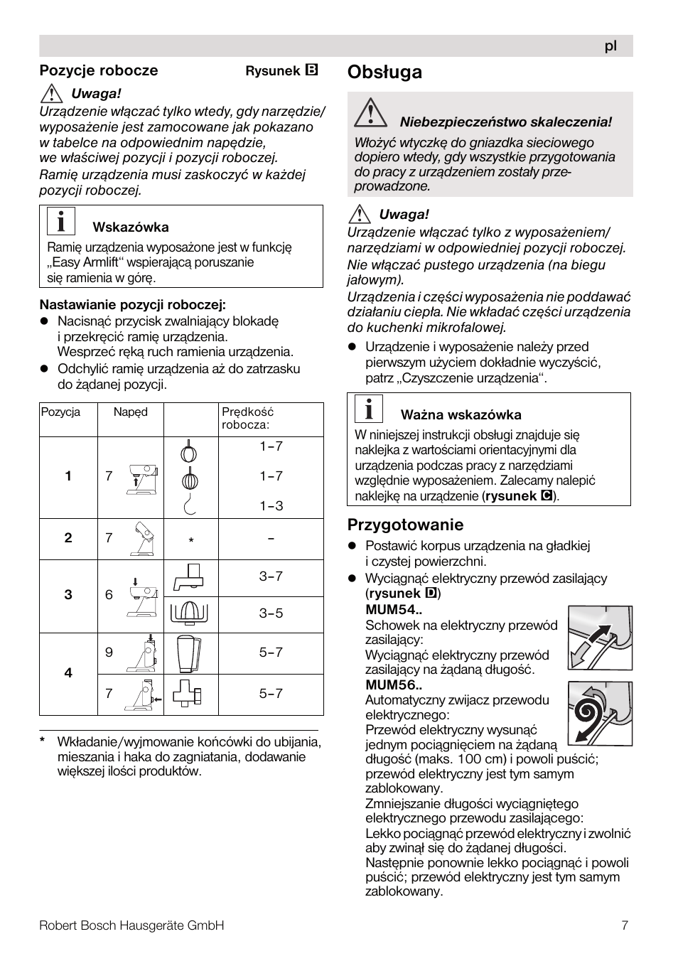 Obsługa, Przygotowanie | Bosch MUM56Z40 KITCHEN MACHINE 900W SILVERSILVER Styline Couleur argent argent User Manual | Page 7 / 168