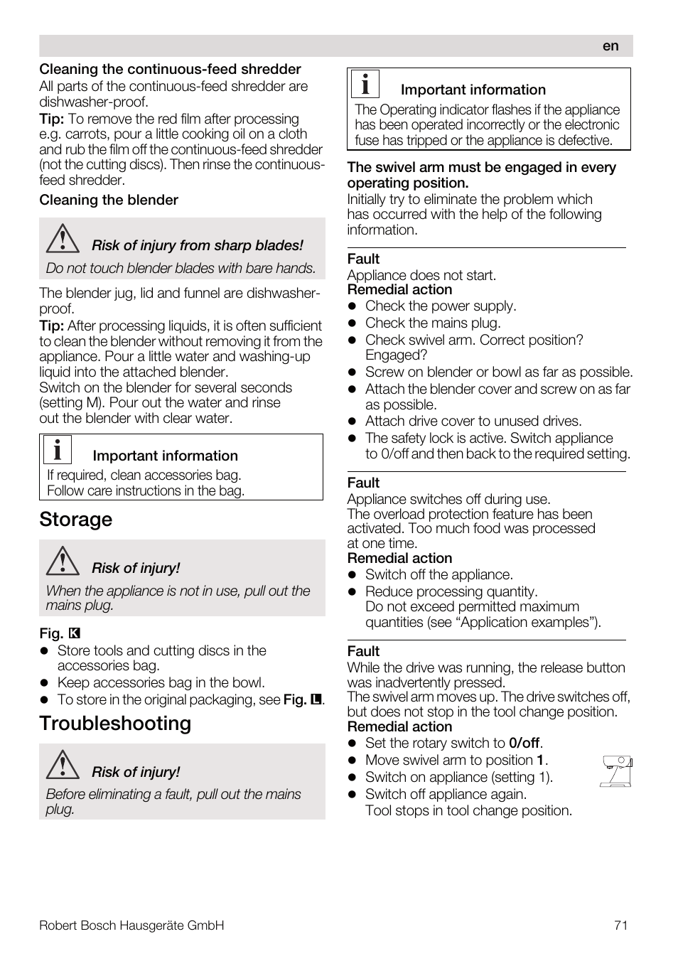 Storage, Troubleshooting | Bosch MUM56Z40 KITCHEN MACHINE 900W SILVERSILVER Styline Couleur argent argent User Manual | Page 71 / 168