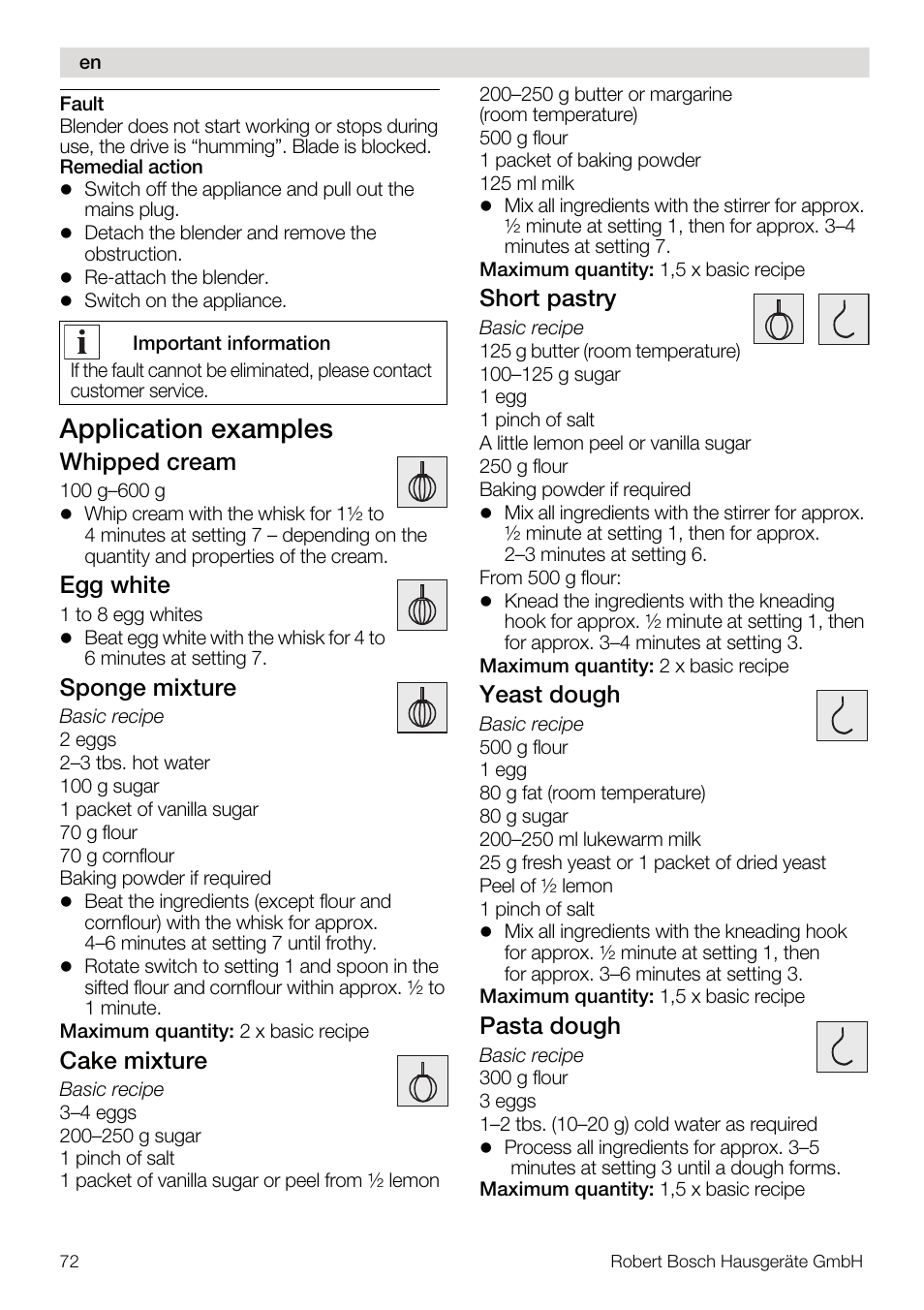 Application examples, Whipped cream, Egg white | Sponge mixture, Cake mixture, Short pastry, Yeast dough, Pasta dough | Bosch MUM56Z40 KITCHEN MACHINE 900W SILVERSILVER Styline Couleur argent argent User Manual | Page 72 / 168