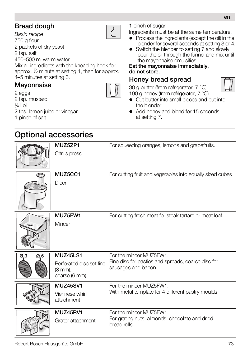 Optional accessories, Bread dough, Mayonnaise | Honey bread spread | Bosch MUM56Z40 KITCHEN MACHINE 900W SILVERSILVER Styline Couleur argent argent User Manual | Page 73 / 168