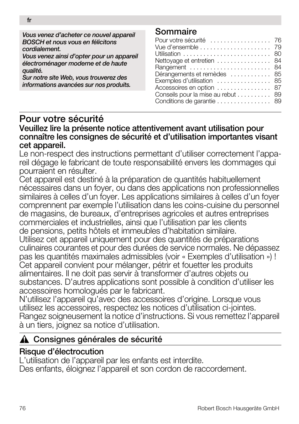 Pour votre sécurité, Sommaire | Bosch MUM56Z40 KITCHEN MACHINE 900W SILVERSILVER Styline Couleur argent argent User Manual | Page 76 / 168
