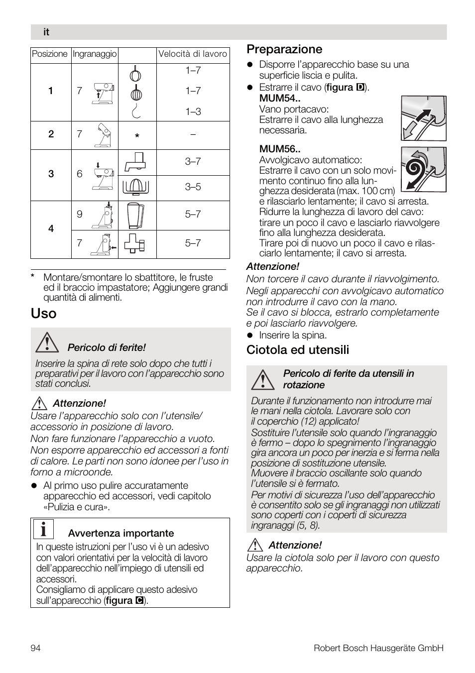 Preparazione, Ciotola ed utensili | Bosch MUM56Z40 KITCHEN MACHINE 900W SILVERSILVER Styline Couleur argent argent User Manual | Page 94 / 168