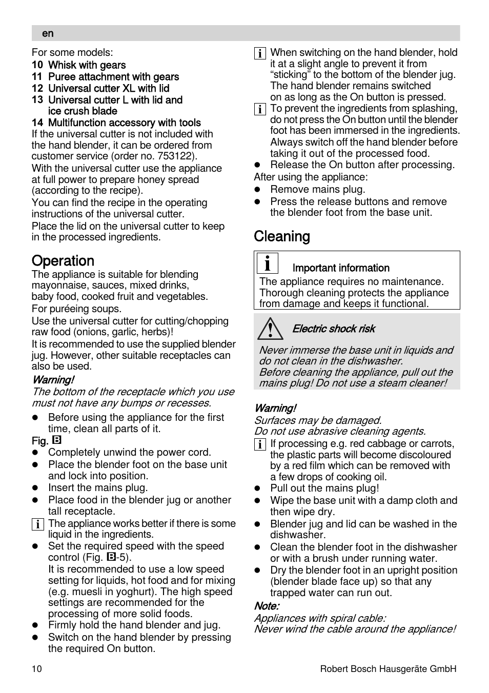 Operation, Cleaning | Bosch MSM87110 Mixeur plongeant noir EDG User Manual | Page 10 / 107