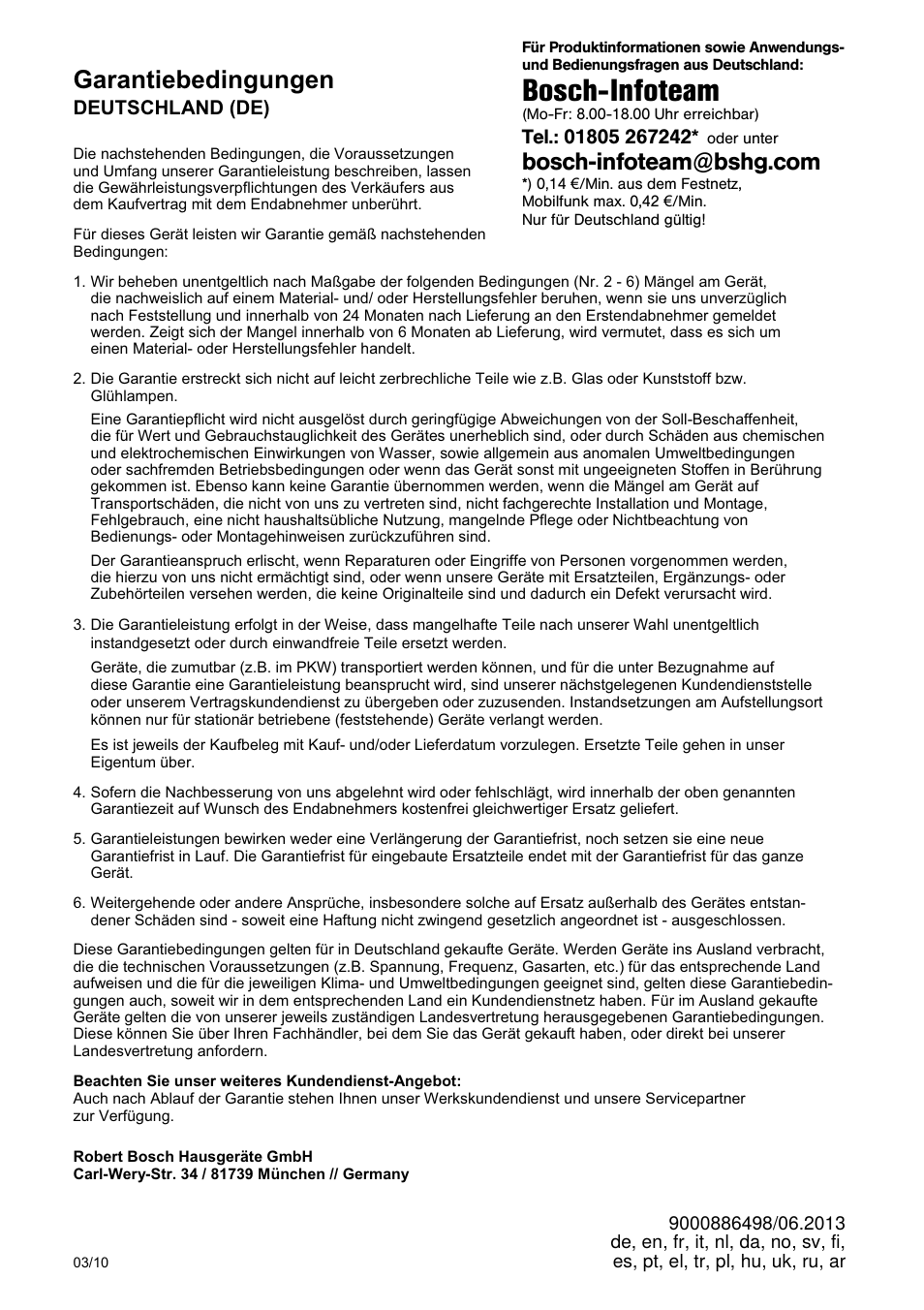 Bosch-infoteam, Garantiebedingungen | Bosch MSM87110 Mixeur plongeant noir EDG User Manual | Page 104 / 107