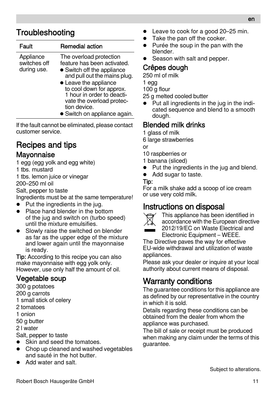 Troubleshooting, Recipes and tips, Instructions on disposal | Warranty conditions, Mayonnaise, Vegetable soup, Crêpes dough, Blended milk drinks | Bosch MSM87110 Mixeur plongeant noir EDG User Manual | Page 11 / 107