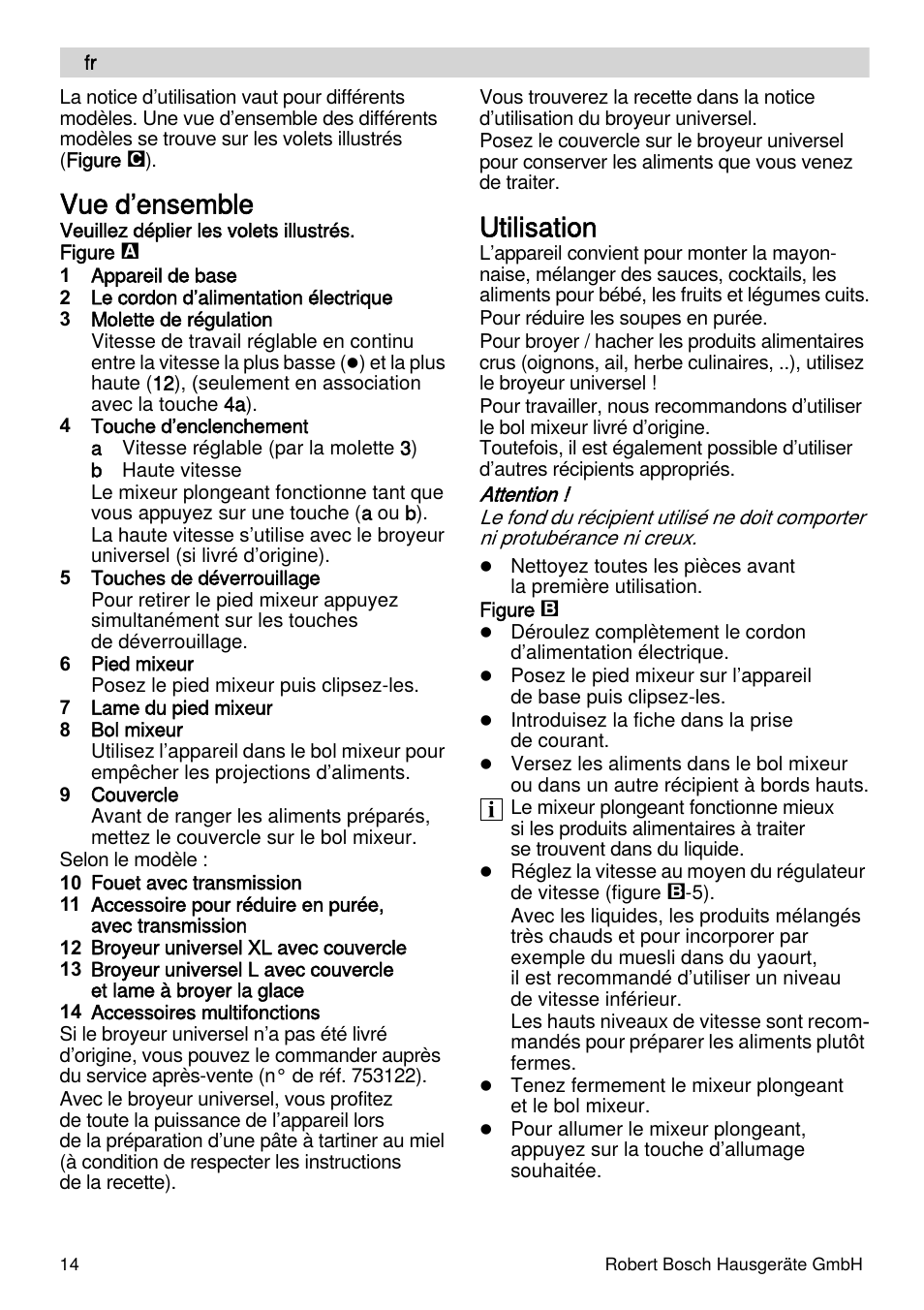 Vue d’ensemble, Utilisation | Bosch MSM87110 Mixeur plongeant noir EDG User Manual | Page 14 / 107