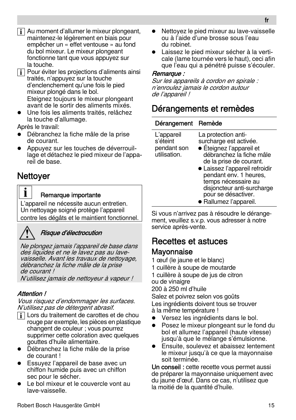 Nettoyer, Dérangements et remèdes, Recettes et astuces | Mayonnaise | Bosch MSM87110 Mixeur plongeant noir EDG User Manual | Page 15 / 107