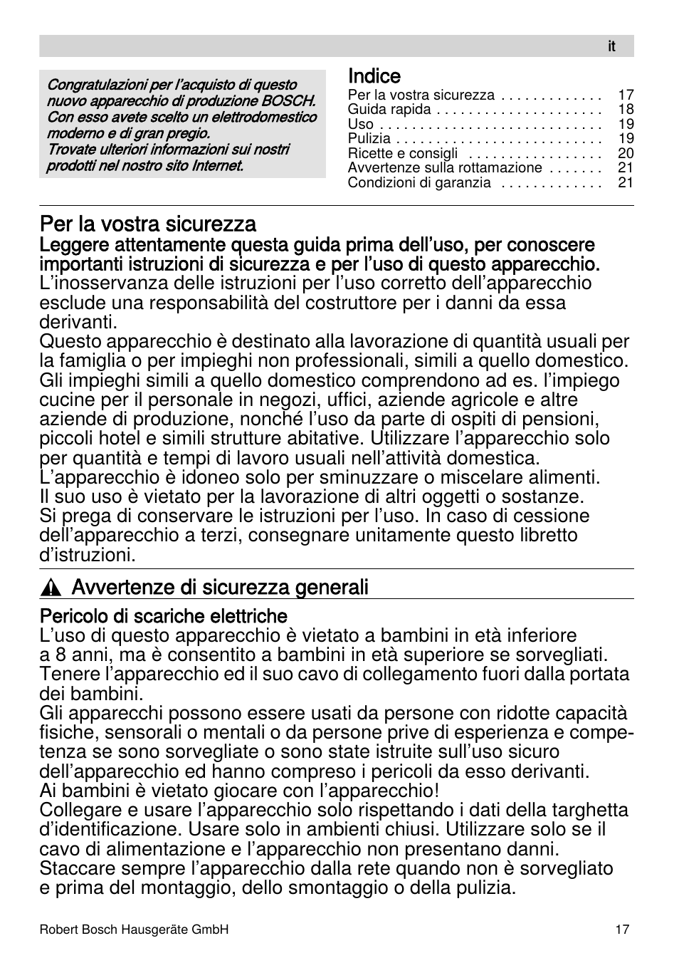 Per la vostra sicurezza, Avvertenze di sicurezza generali | Bosch MSM87110 Mixeur plongeant noir EDG User Manual | Page 17 / 107