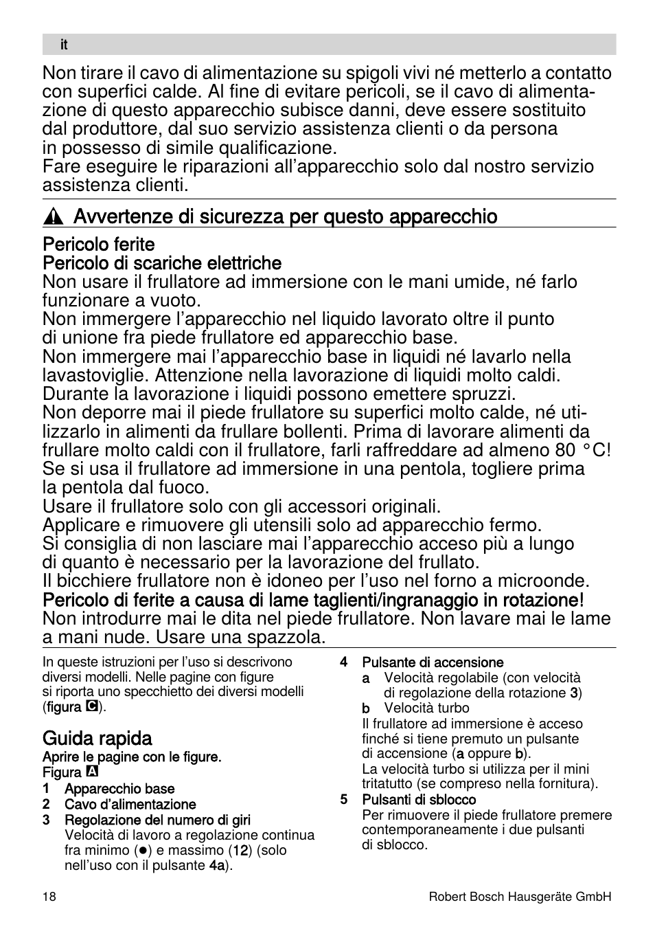 Avvertenze di sicurezza per questo apparecchio, Guida rapida | Bosch MSM87110 Mixeur plongeant noir EDG User Manual | Page 18 / 107