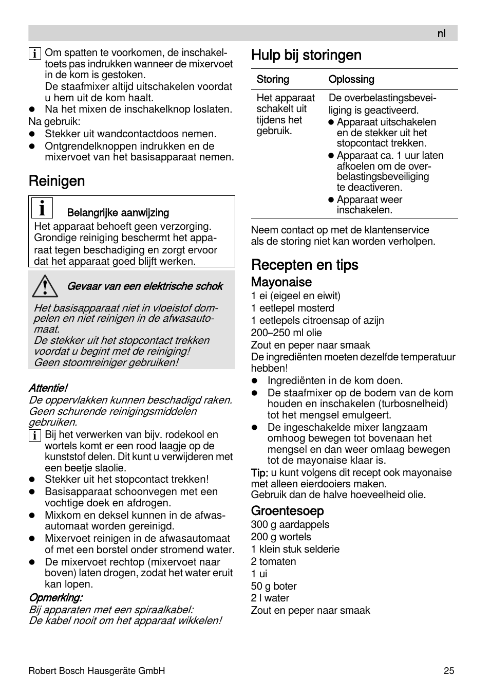 Reinigen, Hulp bij storingen, Recepten en tips | Mayonaise, Groentesoep | Bosch MSM87110 Mixeur plongeant noir EDG User Manual | Page 25 / 107