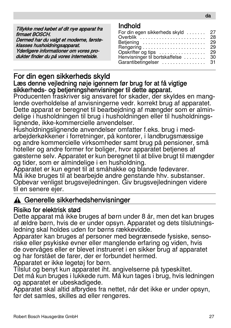 For din egen sikkerheds skyld, Generelle sikkerhedshenvisninger | Bosch MSM87110 Mixeur plongeant noir EDG User Manual | Page 27 / 107