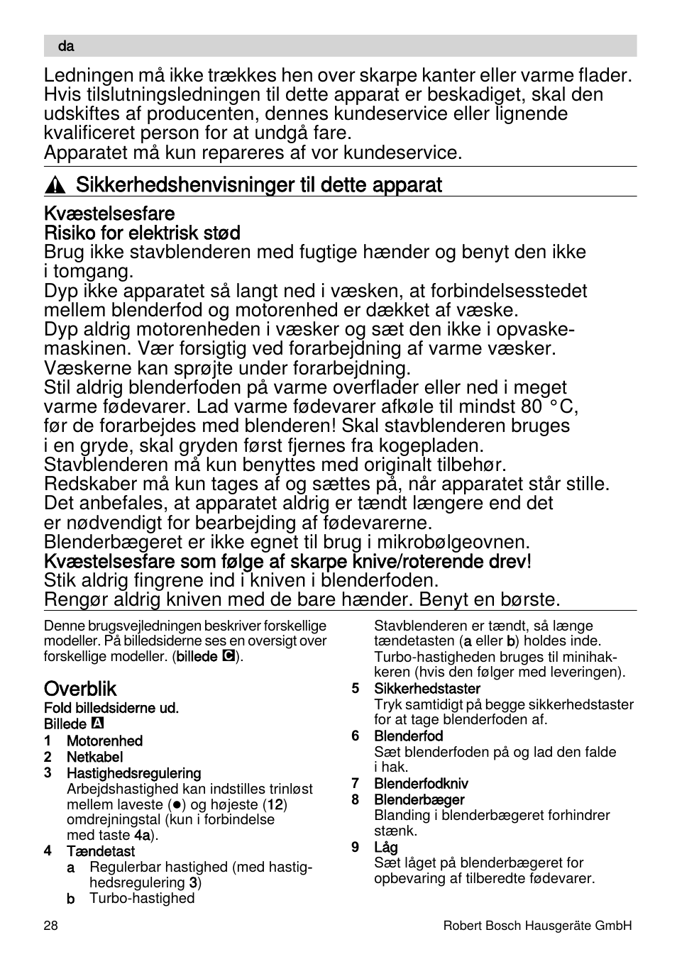 Sikkerhedshenvisninger til dette apparat, Overblik | Bosch MSM87110 Mixeur plongeant noir EDG User Manual | Page 28 / 107