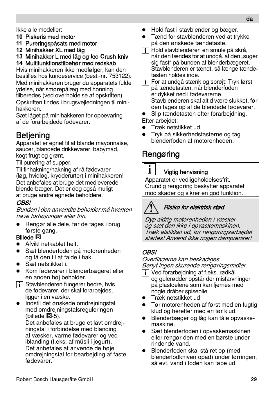 Betjening, Rengøring | Bosch MSM87110 Mixeur plongeant noir EDG User Manual | Page 29 / 107