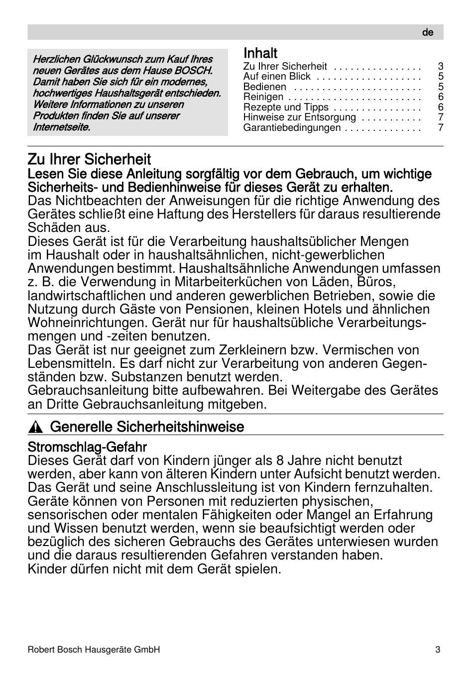 Zu ihrer sicherheit, Generelle sicherheitshinweise, Inhalt | Bosch MSM87110 Mixeur plongeant noir EDG User Manual | Page 3 / 107