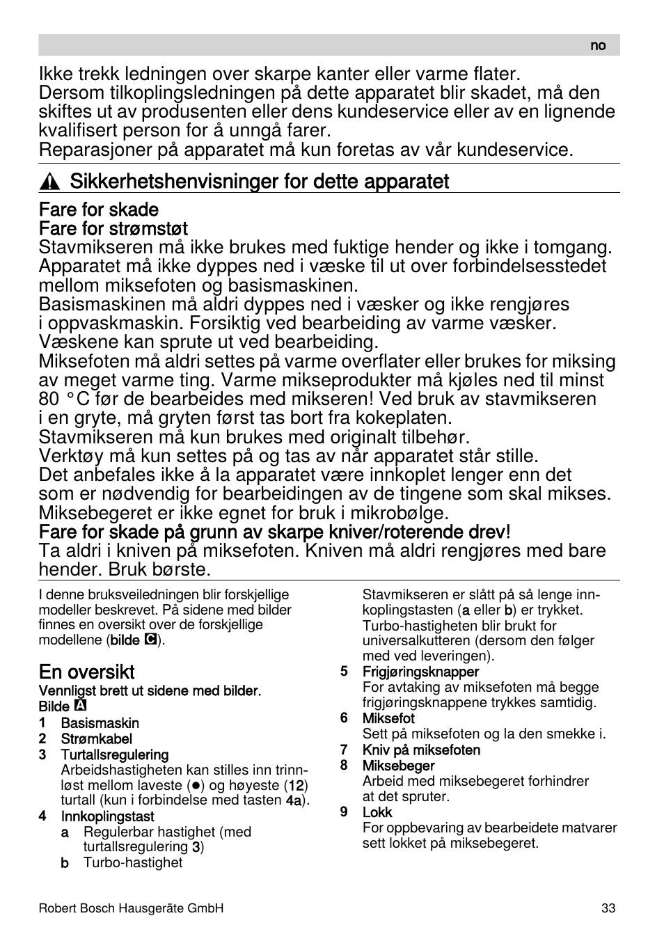Sikkerhetshenvisninger for dette apparatet, En oversikt | Bosch MSM87110 Mixeur plongeant noir EDG User Manual | Page 33 / 107