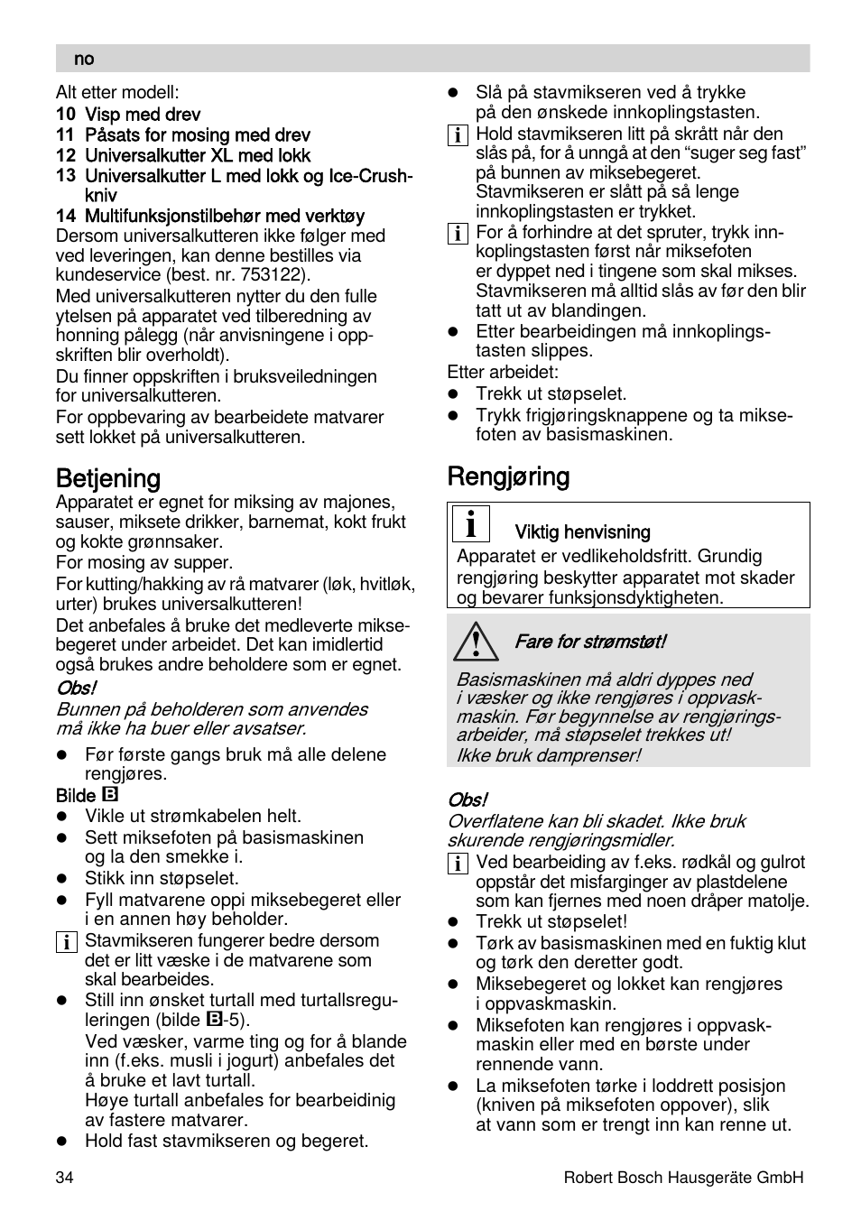 Betjening, Rengjøring | Bosch MSM87110 Mixeur plongeant noir EDG User Manual | Page 34 / 107