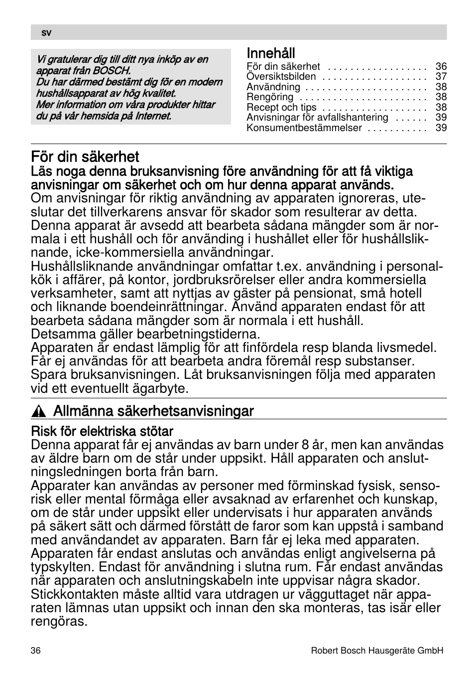 För din säkerhet, Allmänna säkerhetsanvisningar | Bosch MSM87110 Mixeur plongeant noir EDG User Manual | Page 36 / 107