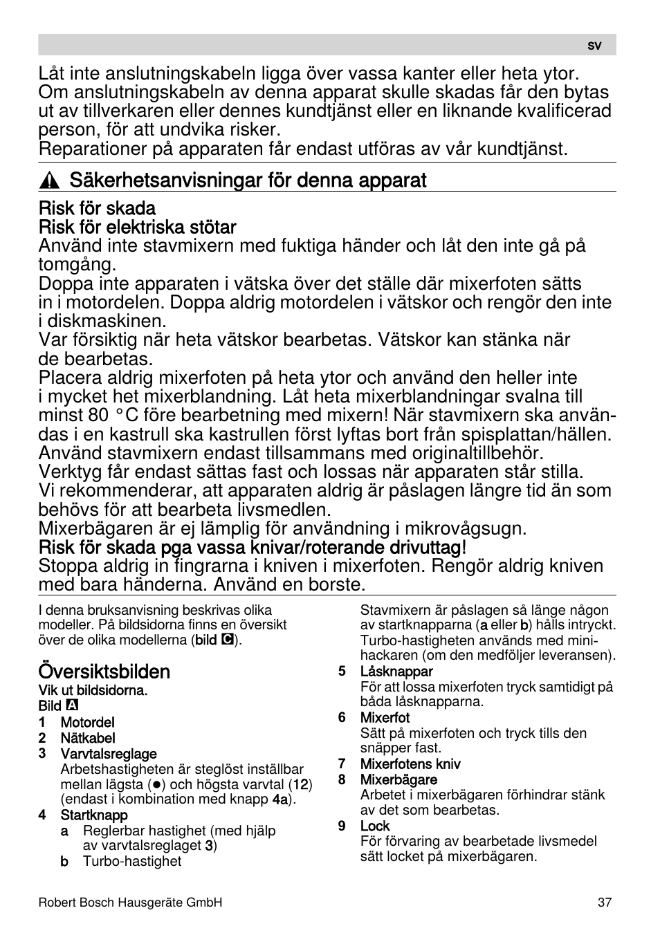 Säkerhetsanvisningar för denna apparat, Översiktsbilden | Bosch MSM87110 Mixeur plongeant noir EDG User Manual | Page 37 / 107