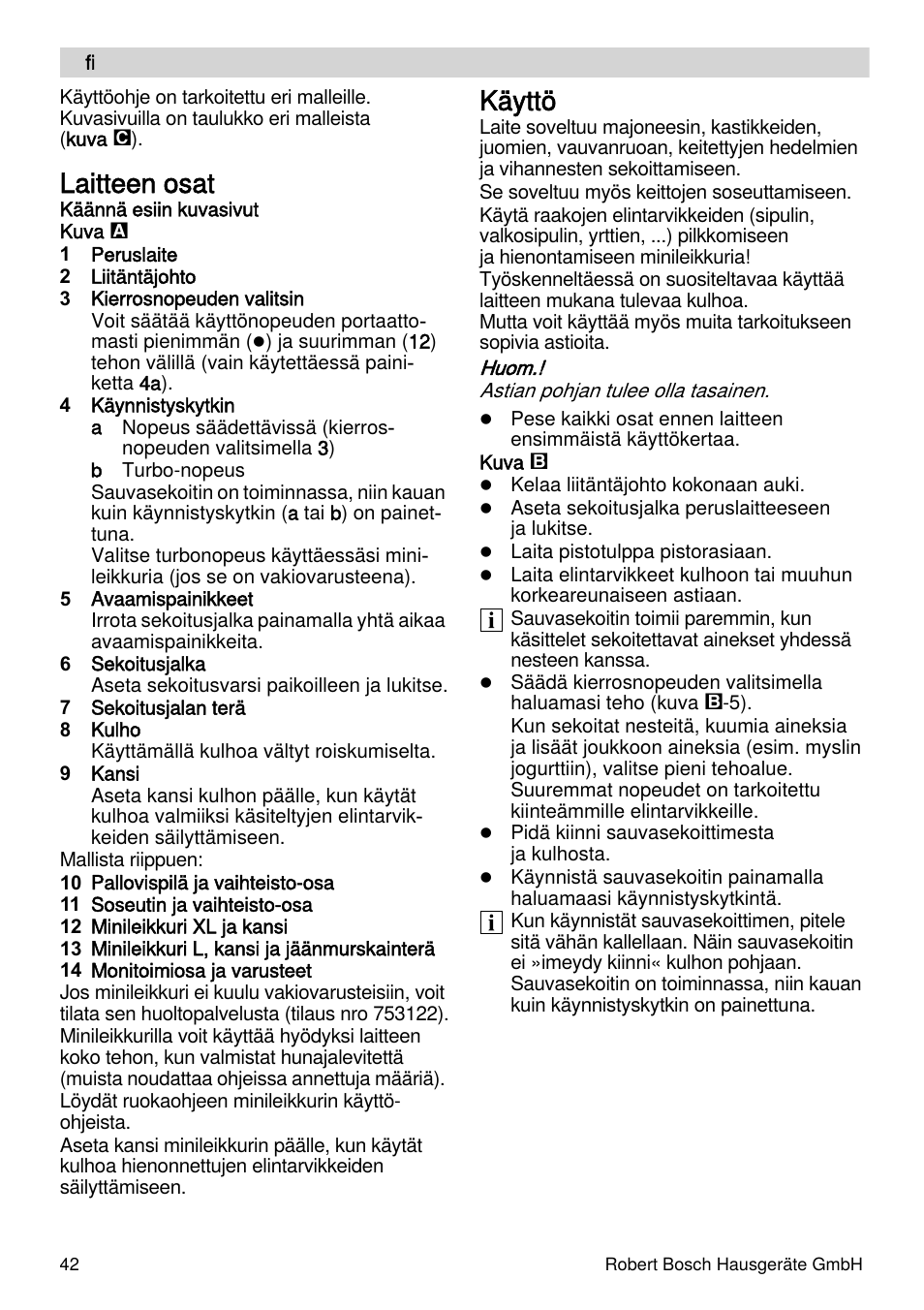 Laitteen osat, Käyttö | Bosch MSM87110 Mixeur plongeant noir EDG User Manual | Page 42 / 107