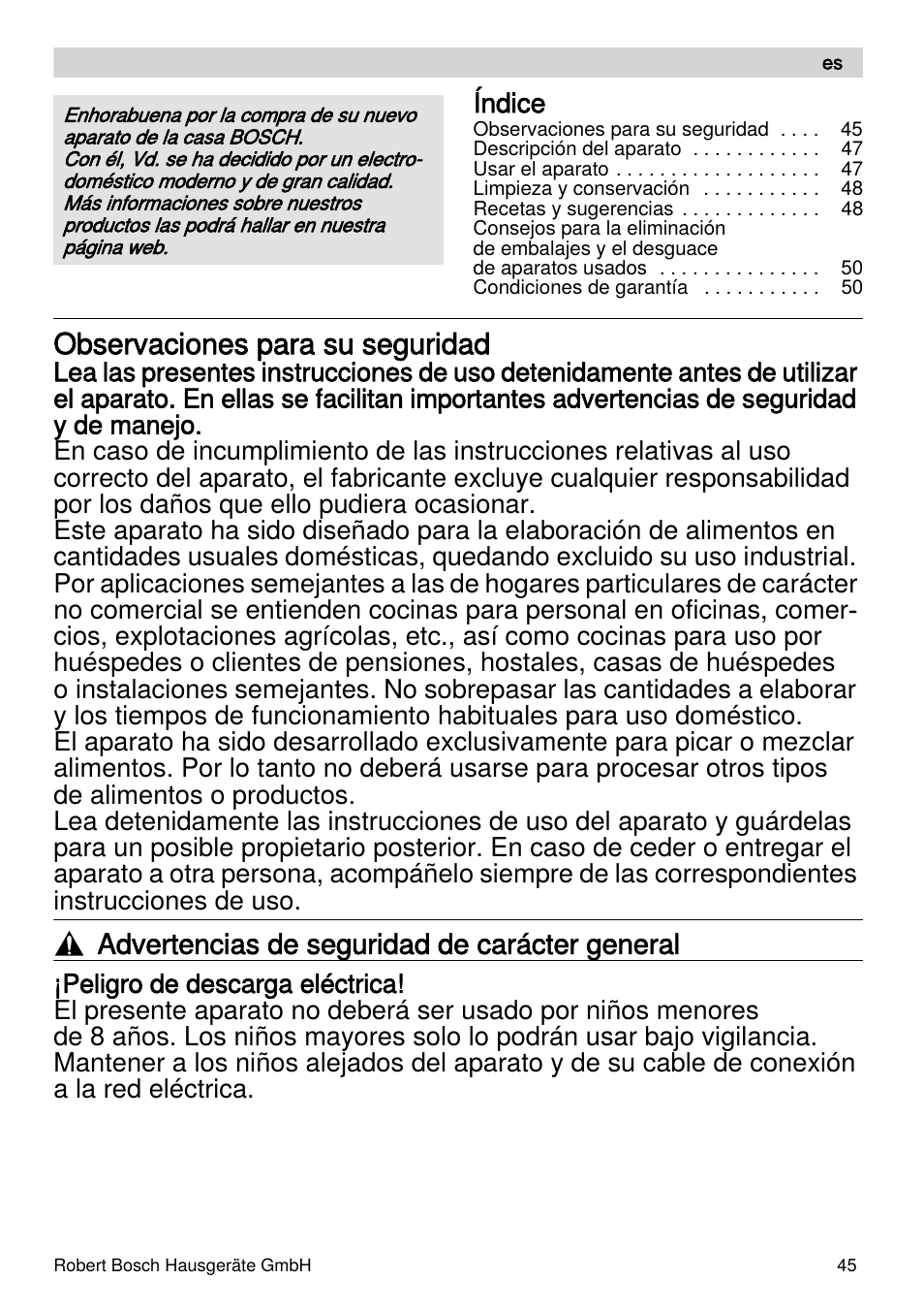 Observaciones para su seguridad, Advertencias de seguridad de carácter general, Índice | Bosch MSM87110 Mixeur plongeant noir EDG User Manual | Page 45 / 107