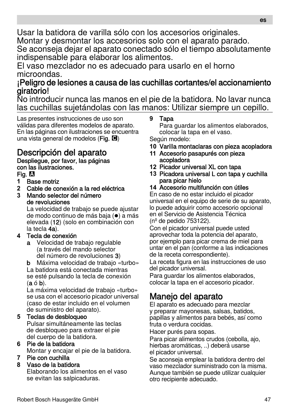 Descripción del aparato, Manejo del aparato | Bosch MSM87110 Mixeur plongeant noir EDG User Manual | Page 47 / 107