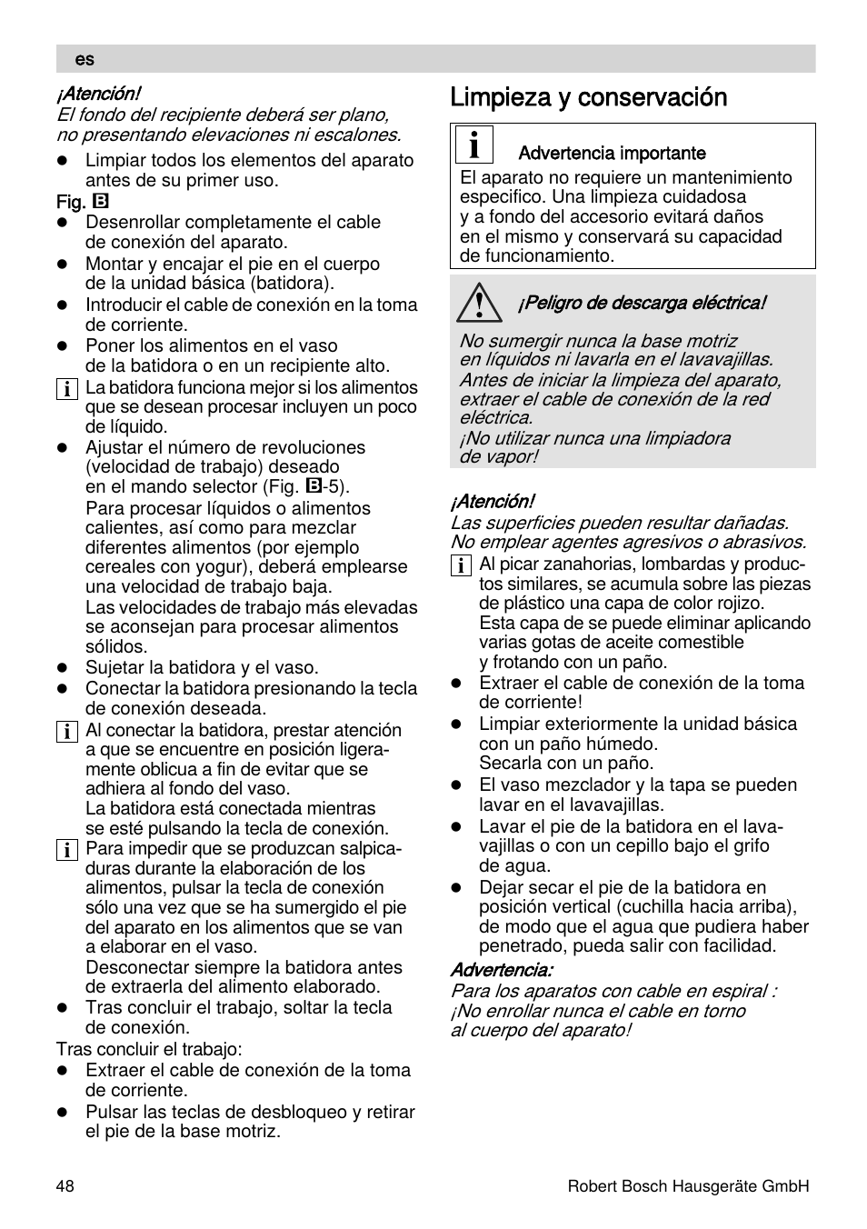 Limpieza y conservación | Bosch MSM87110 Mixeur plongeant noir EDG User Manual | Page 48 / 107