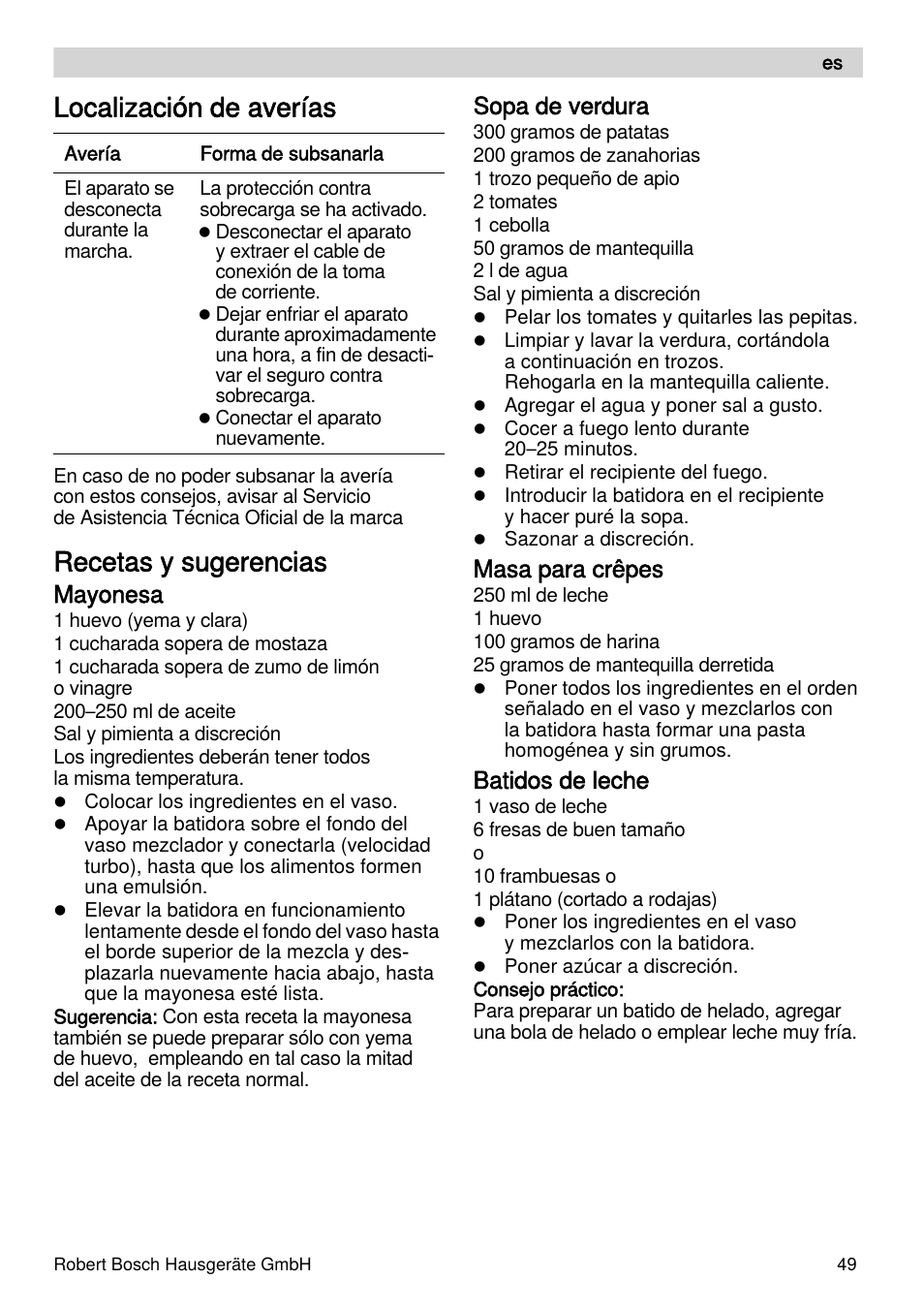 Localización de averías, Recetas y sugerencias, Mayonesa | Sopa de verdura, Masa para crêpes, Batidos de leche | Bosch MSM87110 Mixeur plongeant noir EDG User Manual | Page 49 / 107